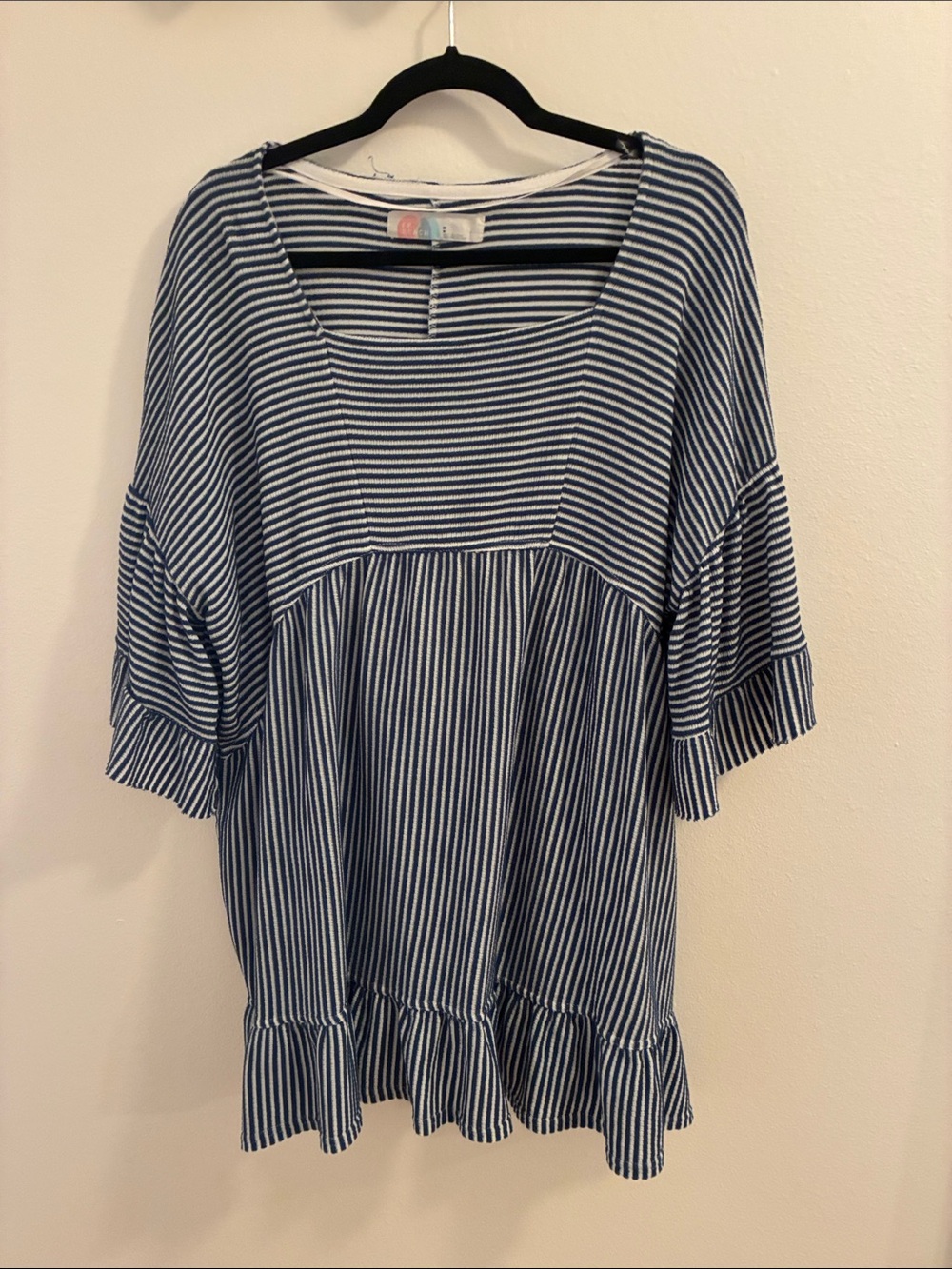 Blue and White Striped Women's Tunic with Ruffle Hem
